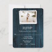 Blue Wooden Foto Wedding RSVP Card (Vorderseite)