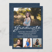 Blue Woodgrain Modern 4 Foto Abschluss Einladung (Vorne/Hinten)