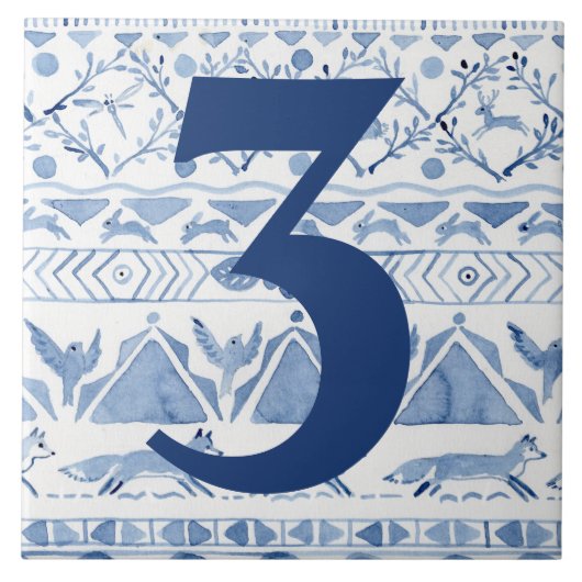 Blue Woodland Animal Ikat House Anschrift Nr. 3 Fliese (Vorderseite)