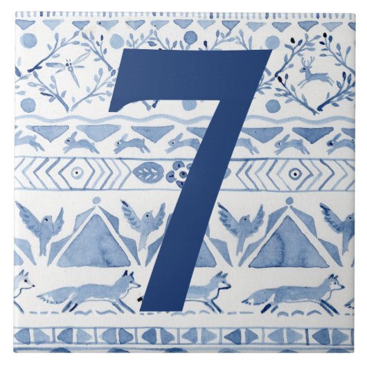 Blue Woodland Animal Ikat House Anschrift Nr. 7 Fliese (Vorderseite)