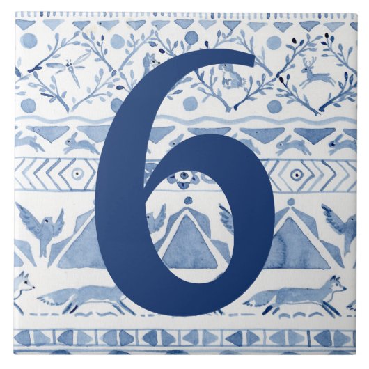 Blue Woodland Animal Ikat House Anschrift Nummer 6 Fliese (Vorderseite)