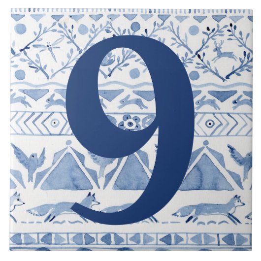 Blue Woodland Animal Ikat House Anschrift Nummer 9 Fliese (Vorderseite)