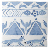 Blue Woodland Animal Ikat Pattern Fox Version 2 Fliese (Vorderseite)