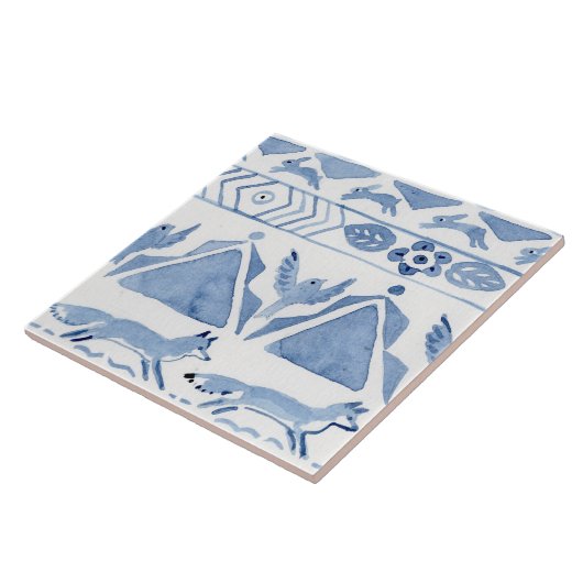 Blue Woodland Animal Ikat Pattern Fox Version 2 Fliese (Seite)