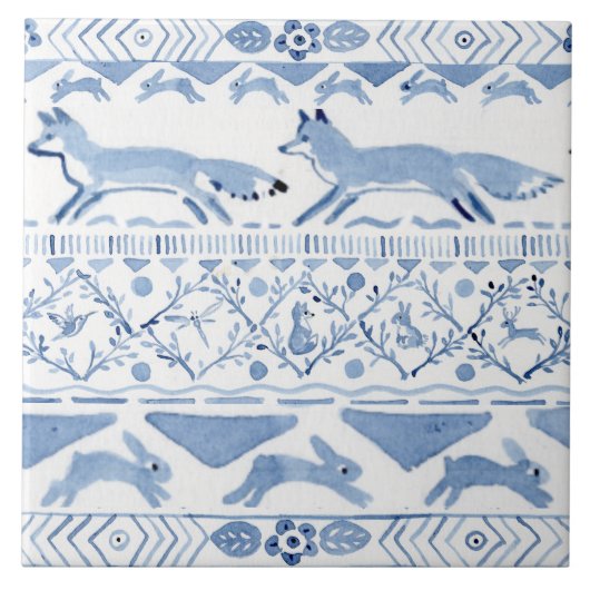 Blue Woodland Animal Ikat Pattern Fox Version 3 Fliese (Vorderseite)