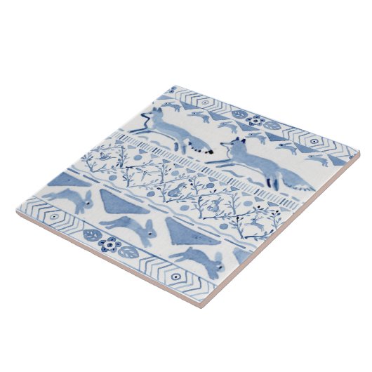 Blue Woodland Animal Ikat Pattern Fox Version 3 Fliese (Seite)