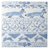 Blue Woodland Animal Ikat Pattern Fox Version 3 Fliese (Vorderseite)