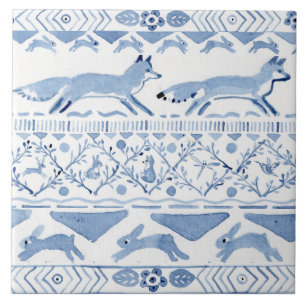Blue Woodland Animal Ikat Pattern Fox Version 3 Fliese