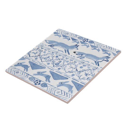 Blue Woodland Animal Ikat Pattern Fox Version 3 Fliese (Seite)