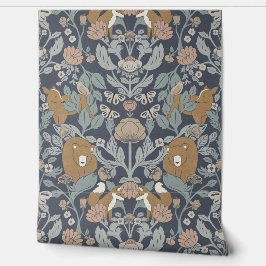 Blue Woodland Block Print Damask Tapete