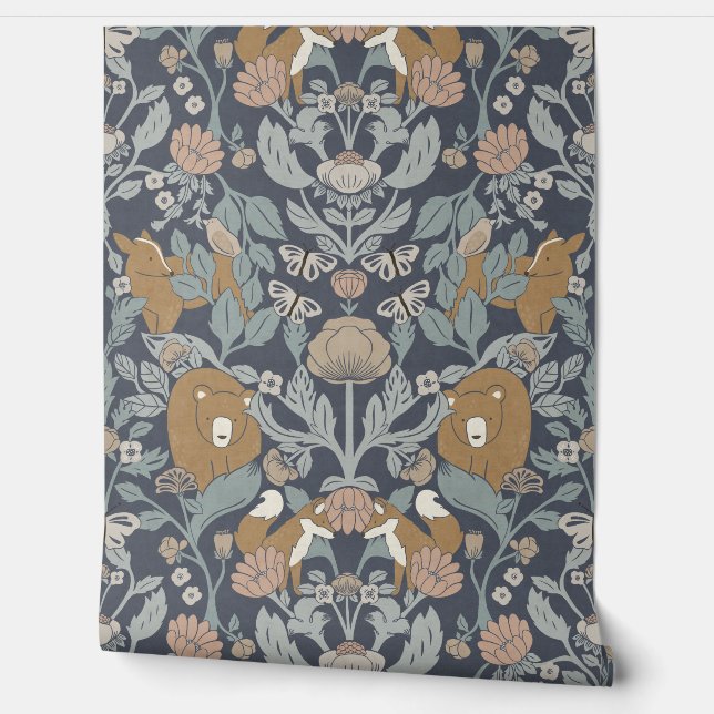 Blue Woodland Block Print Damask Tapete (Abrollen)