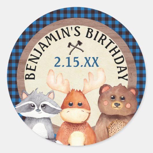 Blue Woodland Lumberjack Birthday Favor Stickers (Vorderseite)