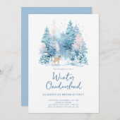 Blue Woodland Winter Onederland 1. Geburtstag Part Einladung (Vorne/Hinten)