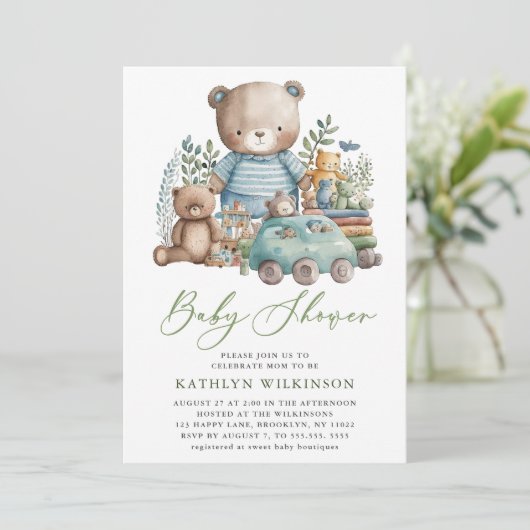 Blue Woodland wir können kaum abwarten Baby Dusche Einladung (Stehend Vorderseite)