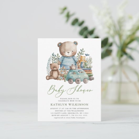 Blue Woodland wir können kaum abwarten Baby Dusche Einladungspostkarte (Stehend Vorderseite)