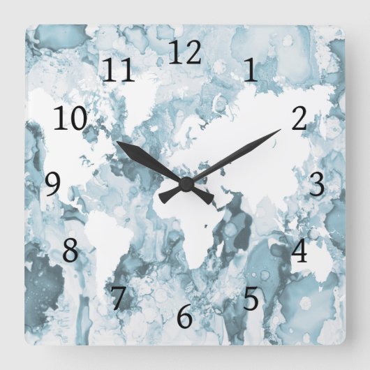 Blue World Map Design 103 Quadratische Wanduhr (Vorderseite)