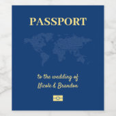 Blue World Map Passport Hochzeit in Urlaubsort Weinetikett (Einzelnes Label)