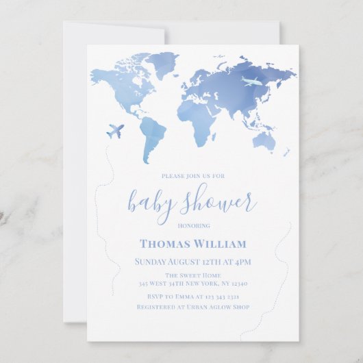 Blue World Map Reiseabenteuer Boy Baby Dusche Einladung (Vorderseite)