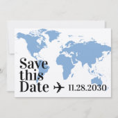 Blue World Map und Flugzeug Herz Bold Ziel Save The Date (Vorderseite)