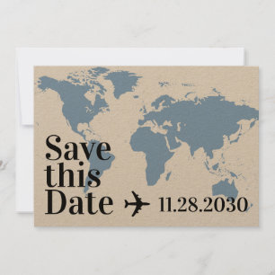 Blue World Map und Flugzeug Herz Bold Ziel Save The Date