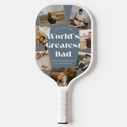 Blue World's Greatest Dad 7 Photo Collage Pickleball Schläger (Rückseite)
