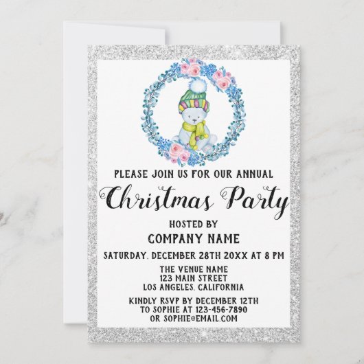 Blue Wreath Company Weihnachtsfest Party Silver Einladung (Vorderseite)