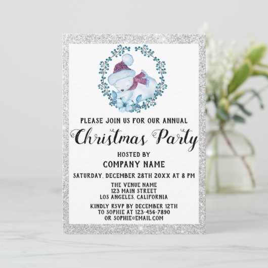 Blue Wreath Company Weihnachtsfest Party Silver Einladung (Stehend Vorderseite)