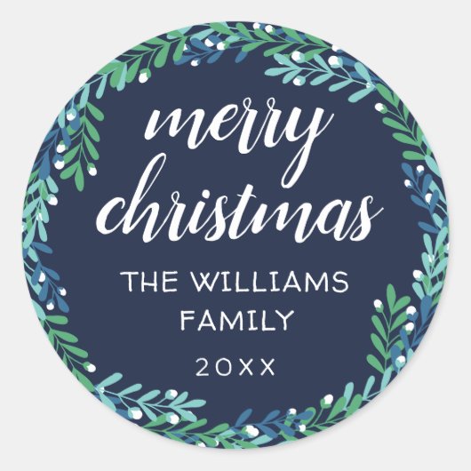 Blue Wreath Frohe Weihnachten Runder Aufkleber (Vorderseite)