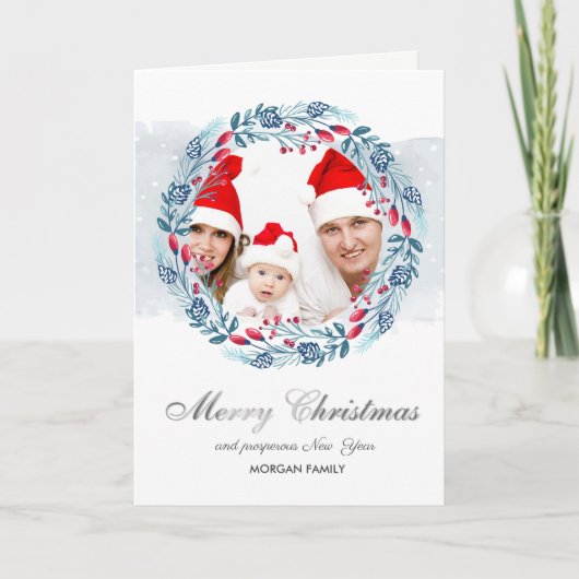 Blue Wreath Holly Berry Foto Frohe Weihnachten (Vorderseite)