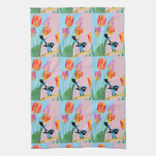Blue Wren Bird Pink und Blue Blumen Geschirrtuch