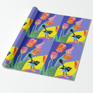 Blue Wren Tulips Art Blume Watercolor Wrapping Geschenkpapier