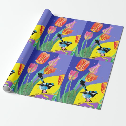 Blue Wren Tulips Art Blume Watercolor Wrapping Geschenkpapier (Ungerollt)