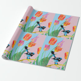 Blue Wren Tulips Art Blume Watercolor Wrapping Geschenkpapier