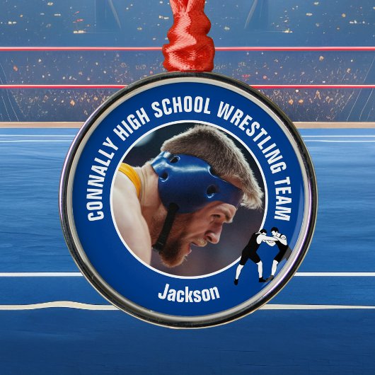 Blue Wrestling Team Photo Wrestler Christmas Ornament Aus Metall