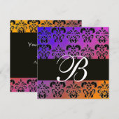 BLUE YELLOS LILA BLACK DAMASK MONOGRAM, weiß Einladung (Vorne/Hinten)