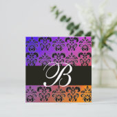 BLUE YELLOS LILA BLACK DAMASK MONOGRAM, weiß Einladung (Stehend Vorderseite)