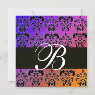 BLUE YELLOS LILA BLACK DAMASK MONOGRAM, weiß Einladung