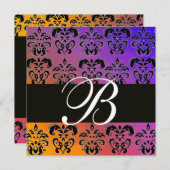 BLUE YELLOS LILA BLACK DAMASK MONOGRAM, weiß Einladung (Vorne/Hinten)