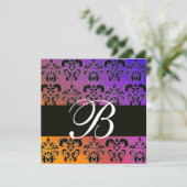 BLUE YELLOS LILA BLACK DAMASK MONOGRAM, weiß Einladung (Stehend Vorderseite)