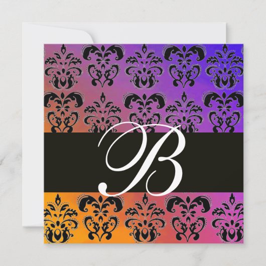 BLUE YELLOS LILA BLACK DAMASK MONOGRAM, weiß Einladung (Vorderseite)