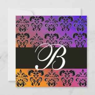 BLUE YELLOS LILA BLACK DAMASK MONOGRAM, weiß Einladung
