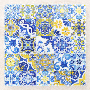 Blue & Yellow Azulejo Portugiesisch Majolica Mosai Glasuntersetzer