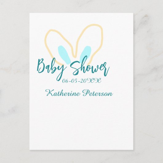 Blue yellow baby shower name date animal ear cute  postkarte (Vorderseite)
