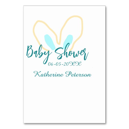 Blue yellow baby shower name date animal ear cute tischnummer (Vorderseite)