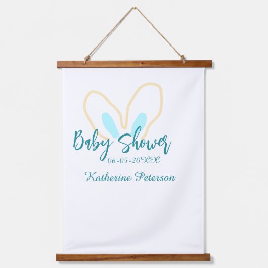 Blue yellow baby shower name date animal ear cute wandteppich mit holzrahmen (Vorderseite)