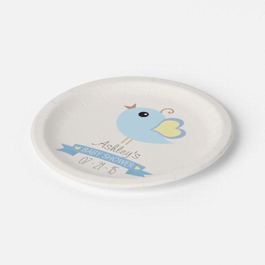 Blue & Yellow Bird Baby Dusche Pappteller (Schrägansicht)