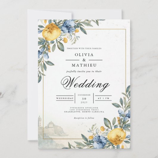 Blue Yellow Botanical Arch Wedding Einladung (Vorderseite)