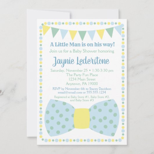 Blue Yellow Bow Krawatte Kinderdusche Einladung (Vorderseite)