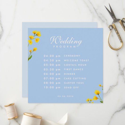 Blue & Yellow buttercup wedding Programm (Vorderseite/Rückseite Beispiel)