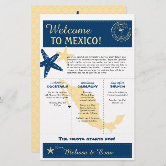 Blue Yellow Cabo Mexico Wedding Willkommensbrief (Vorne/Hinten)